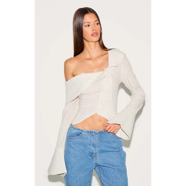 Cream Pinstripe Bardot Asymmetric Top