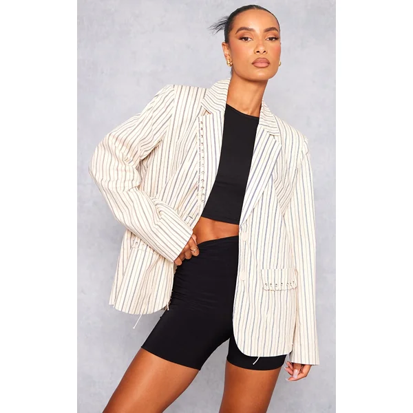 Cream Pinstripe Eyelet Detail Oversized Blazer