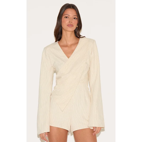 Cream Pinstripe Peachskin Wrap Front Long Sleeve Romper