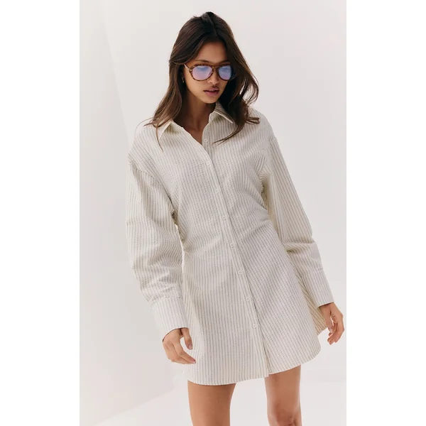 Cream Pinstripe Seersucker Cinched Waist Shirt Dress