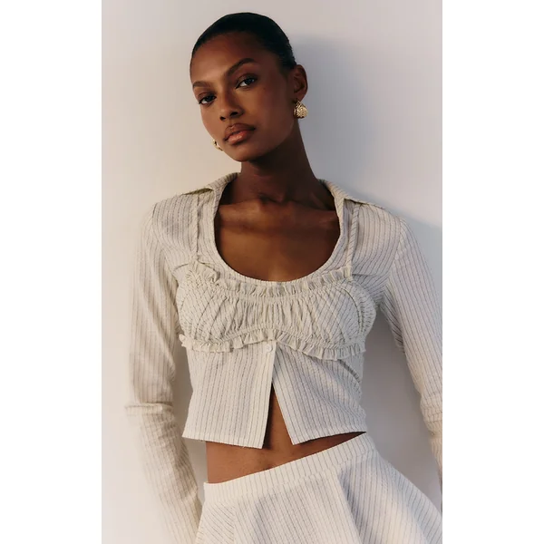 Cream Pinstripe Seersucker Ruched Bralet Detail Shirt