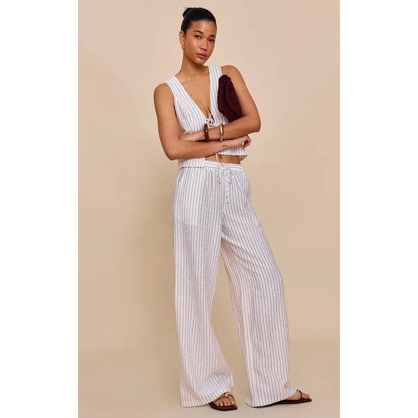 Cream Pinstriped Drawstring Wide Leg Pants