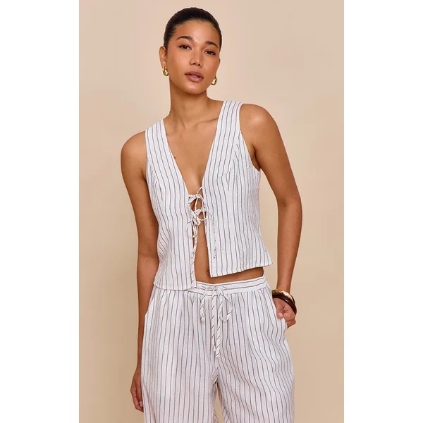 Cream Pinstriped Tie Front Top