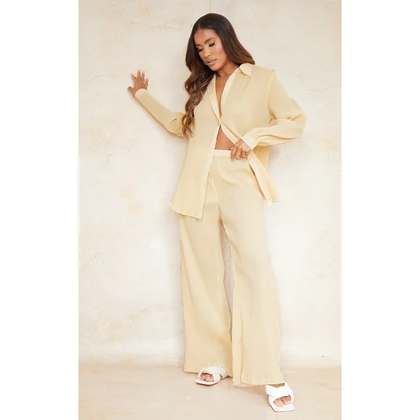 Cream Plisse High Waisted Wide Leg Pants