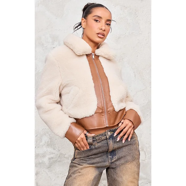 Cream Plush Faux Fur Contrast Faux Leather Zip Up Jacket