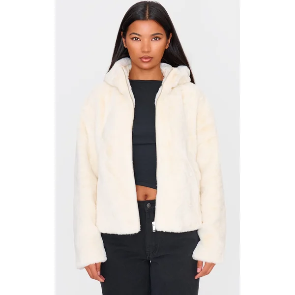 Cream Plush Faux Fur Hooded Zip Up Jacket