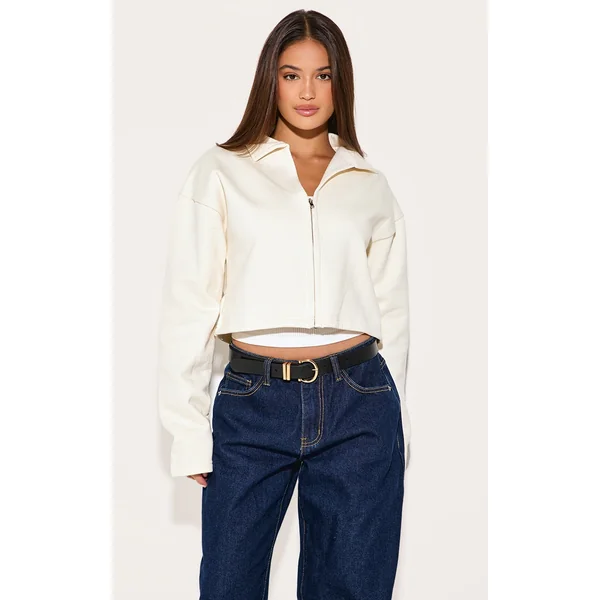 Cream Premium Boxy Sweat Zip Up Polo