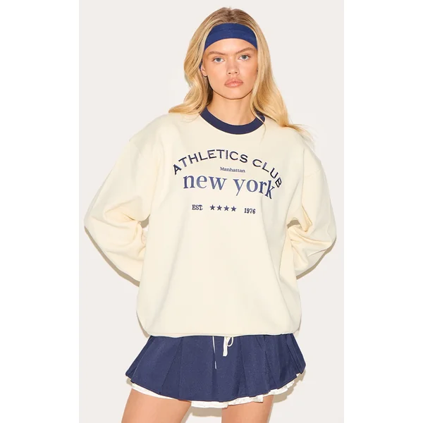 Cream Premium Contrast Neck Embroidered Sweatshirt
