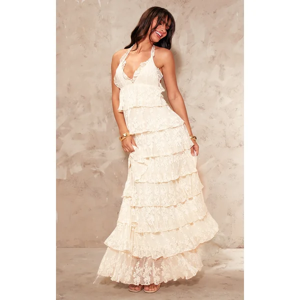 Cream Premium Lace Tiered Ruffle Frill Halterneck Maxi Dress