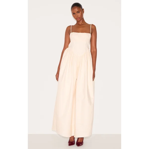 Cream Premium Ruched Corset Detail Wide Leg Jumpsuit