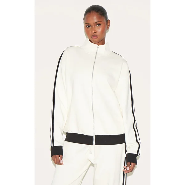 Cream Premium Side Stripe Contrast Zip Through Sweatshirt