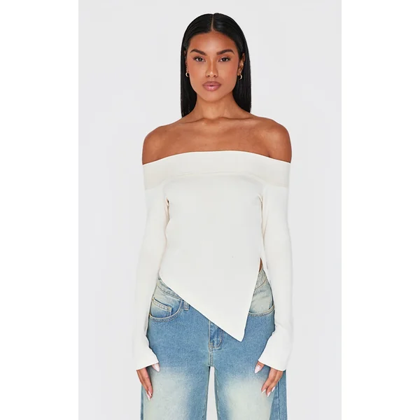 Cream Premium Soft Touch Fold Bardot Asymmetric Top
