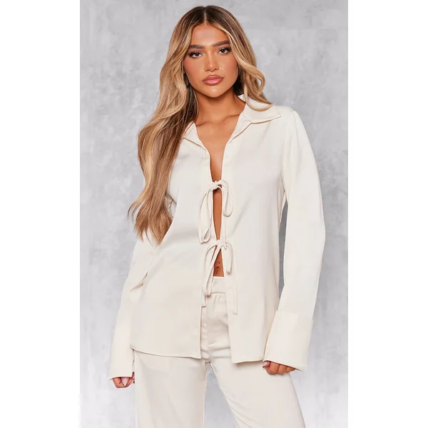 Cream Premium Tie Front Long Sleeve Shirt