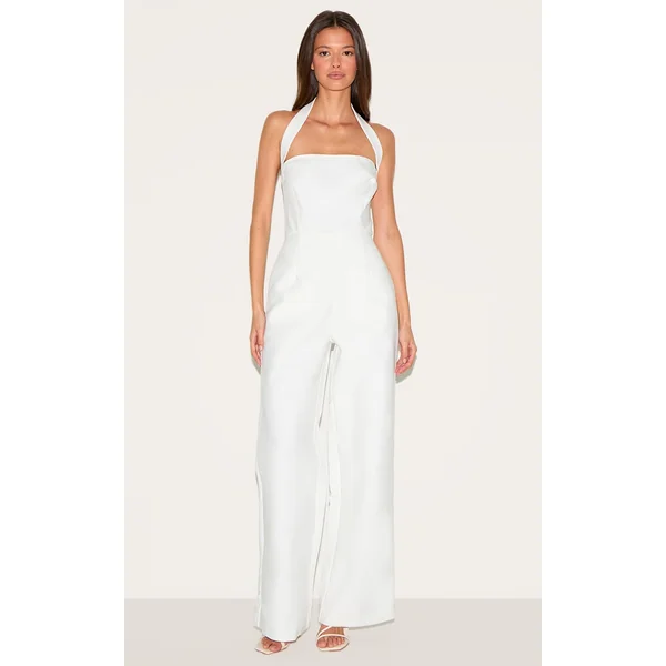 Cream Premium Woven Halter Neck Wide Leg Jumpsuit