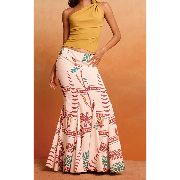 Cream Printed Linen Fishtail Low Rise Maxi Skirt