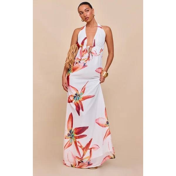 Cream Printed Plunge Tie Detail Maxi Dress