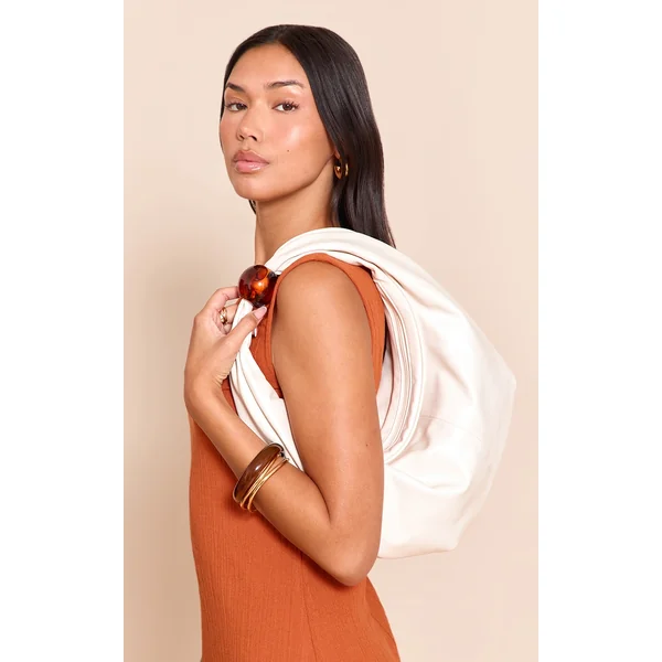 Cream Pu Bead Handle Shoulder Bag