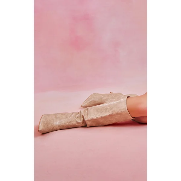 Cream PU Croc Detail Point Toe Stiletto Heeled Knee Boots