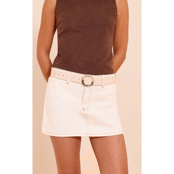 Cream Pu Curved O-ring Silver Buckle Belt