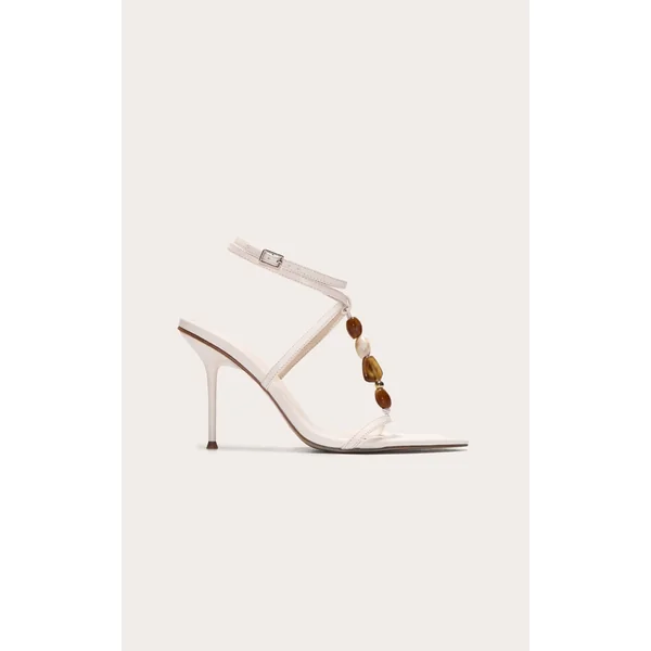 Cream Pu Point Toe Beaded High Stiletto Heeled Sandals