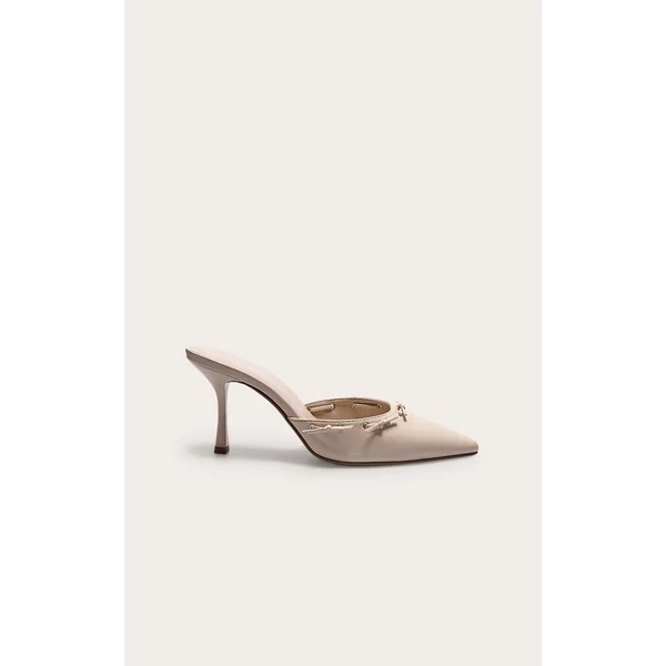 Cream Pu Point Toe Bow Mid Stiletto Heeled Court Mules