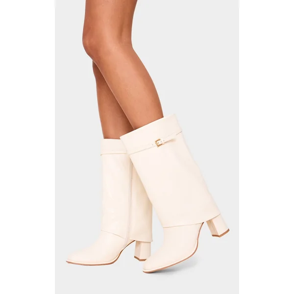 Cream PU Point Toe Buckle Detail Block Heel Calf High Boots