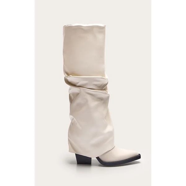 Cream Pu Point Toe Fold Over Block Heel Knee High Boots