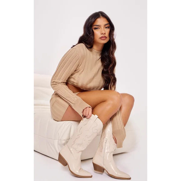 Cream Pu Point Toe Low Block Heel Stitched Western Boots
