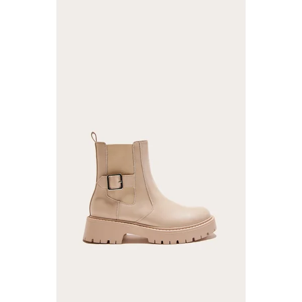 Cream PU Round Toe Chunky Sole Ankle Boots