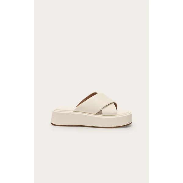 Cream Pu Round Toe Cross Strap Flatform Sandals
