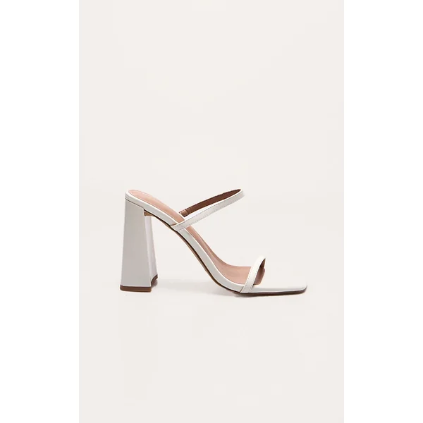 Cream Pu Square Toe Double Strap High Block Heel Mules