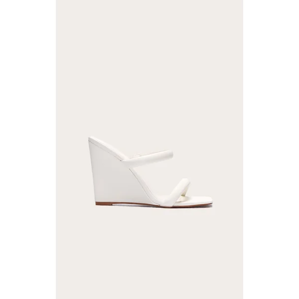 Cream Pu Square Toe High Heeled Mule Wedges