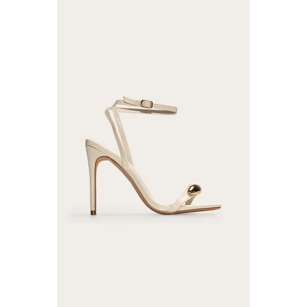 Cream Pu Square Toe Metal Trim High Stiletto Heeled Sandals