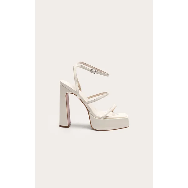 Cream Pu Square Toe Platform Heeled Sandals