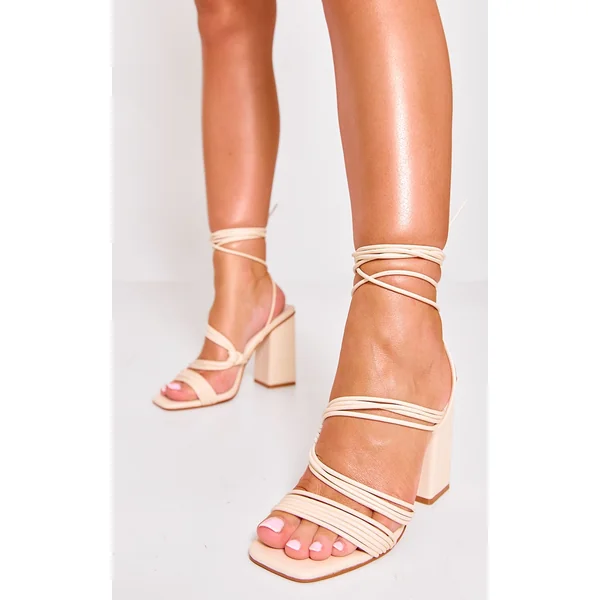 Cream PU Square Toe Strappy Lace Up Block Heeled Sandals