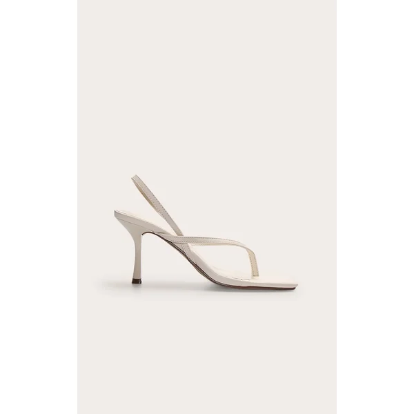 Cream Pu Square Toe Thong Sling Back Mid Heeled Sandals
