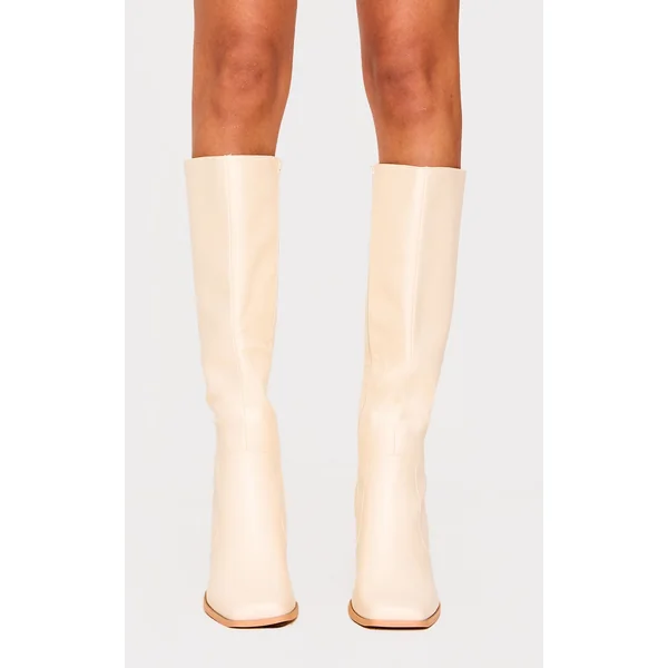 Cream Pu Wide Fit Round Toe Knee High Heeled Boots