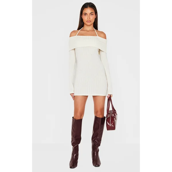 Cream Rib Bardot Fold Over Bodycon Dress