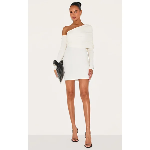 Cream Rib Bardot Long Sleeve Bodycon Dress