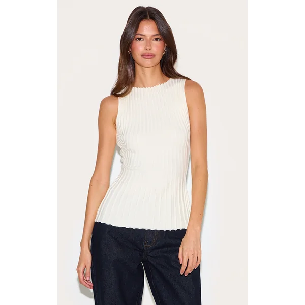 Cream Rib Knit Boat Neck Peplum Top