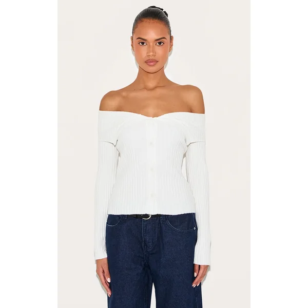 Cream Rib Knit Fold Over Button Up Top