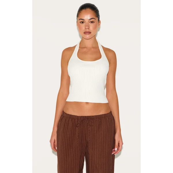 Cream Rib Knit Halterneck Top