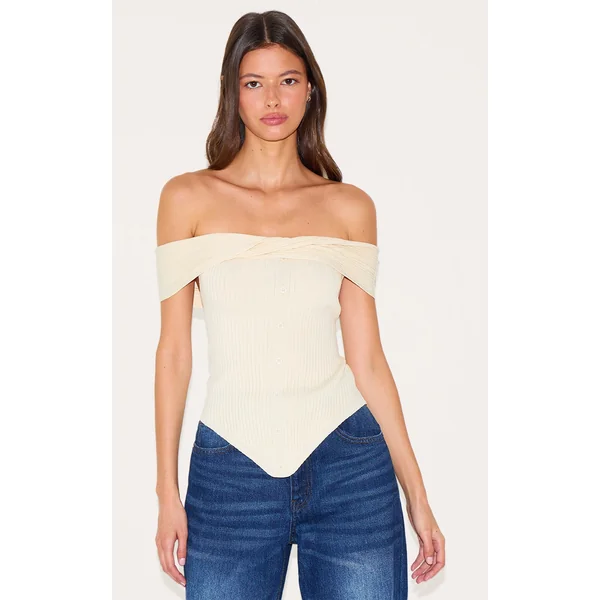Cream Rib Knit Twist Bardot Button Through Top
