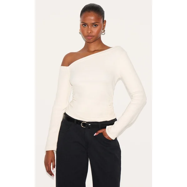 Cream Rib Slouchy Asymmetric Ruched Long Sleeve Top