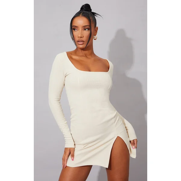 Cream Rib Split Hem Square Neck Long Sleeve Bodycon Dress