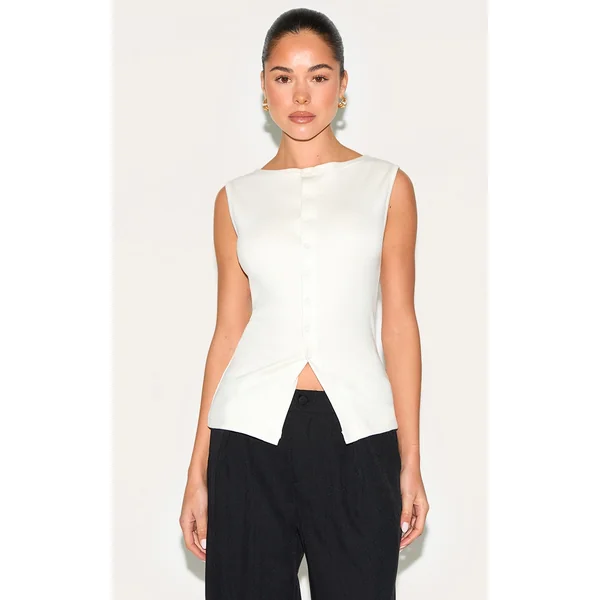 Cream Ribbed Button Down Sleeveless Long Top