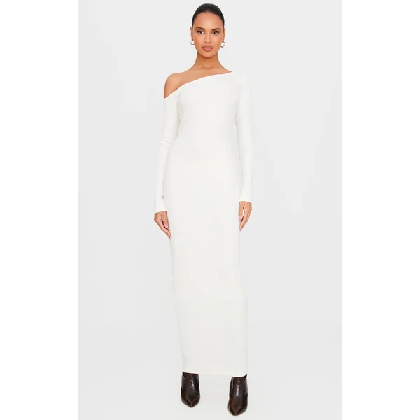Cream Ribbed One Shoulder Long Sleeve Maxi Dress