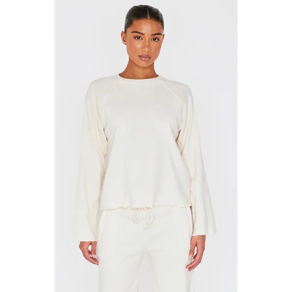 Cream Ribbed Oversized Seam Detail Long Top