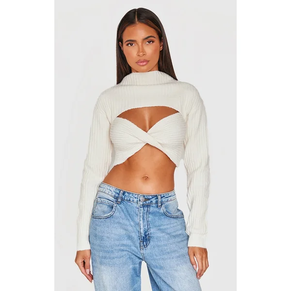 Cream Ribbed Twist Front Cut Out Sweater