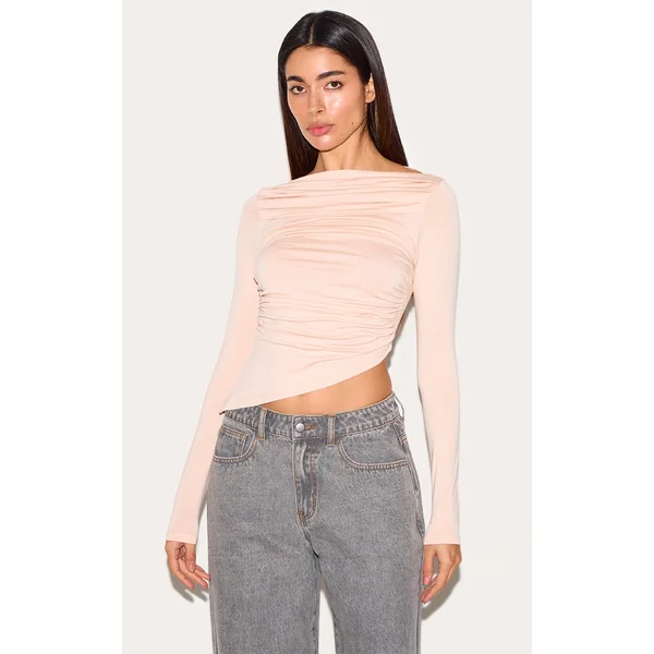 Cream Ruched Detail Asymmetric Hem Long Sleeve Top